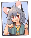  1girl :3 :d ahoge animal_ear_fluff animal_ears blue_background blue_capelet blush border capelet commentary_request crystal dowsing_rod flat_chest greenpiecerice grey_hair grey_vest hair_between_eyes holding jewelry looking_at_viewer medium_bangs mouse mouse_ears mouse_girl nazrin open_mouth outside_border pendant red_eyes shirt short_hair smile solo touhou upper_body v-shaped_eyebrows vest white_border white_shirt 