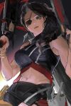  1girl absurdres bare_shoulders black_hair bracelet breasts closed_mouth earrings eyepatch gradient_background green_eyes gun hands_up highres holding holding_gun holding_weapon jewelry kkotkke large_breasts league_of_legends long_hair mole mole_above_mouth navel samira smile solo stomach weapon 
