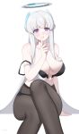  1girl absurdres black_bra black_pantyhose blue_archive bra breasts collarbone finger_to_mouth halo highres large_breasts long_hair noa_(blue_archive) off_shoulder panties panties_under_pantyhose pantyhose purple_eyes solo tomid underwear undone_bra very_long_hair white_hair 