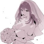  1girl blush bouquet breasts bridal_veil bride cleavage collarbone dress flower gloves greyscale hair_between_eyes highres holding holding_bouquet jewelry large_breasts long_hair looking_at_viewer monochrome necklace off-shoulder_dress off_shoulder open_mouth original piercing poriuretan simple_background sketch smile solo strapless strapless_dress veil wedding_dress white_background 