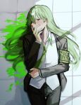  1boy absurdres armband black_jacket black_pants blush brown_eyes collared_shirt enkephalin_(project_moon) green_hair green_necktie highres jacket lobotomy_corporation long_hair long_sleeves looking_at_viewer lying msx_(mis4xi) necktie netzach_(project_moon) on_back pants parted_lips project_moon shirt tile_floor tiles white_shirt 