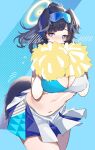  1girl animal_ears black_hair blue_archive blue_eyes blush breasts cleavage covered_mouth dog_ears dog_tail goggles goggles_on_head halo hibiki_(blue_archive) hibiki_(cheer_squad)_(blue_archive) highres holding holding_pom_poms large_breasts looking_at_viewer miniskirt navel official_alternate_costume pleated_skirt pom_pom_(cheerleading) ponytail shiro_marimo skirt solo sports_bra stomach tail two-tone_sports_bra 