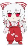  1girl baggy_pants bow buttons collared_shirt fujiwara_no_mokou fumo_(doll) hair_bow highres long_hair long_sleeves ofuda ofuda_on_clothes pants red_eyes red_footwear red_pants rei_(tonbo0430) shirt shoes sidelocks simple_background sleeve_garter solo suspenders touhou very_long_hair white_background white_bow white_hair white_shirt 