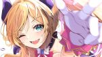 1girl anbasa_(amaneyuz13) bangs blonde_hair blurry blurry_foreground blush bow bowtie fang gloves green_eyes heart heart-shaped_pupils highres hololive hololive_idol_uniform horns long_hair looking_at_viewer one_eye_closed open_mouth outstretched_arm pointy_ears ponytail portrait reaching_towards_viewer sidelocks solo sweat symbol-shaped_pupils v virtual_youtuber white_gloves yuzuki_choco 