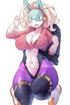  1girl alternate_costume animal_ears black_thighhighs blonde_hair blue_eyes boku_no_hero_academia breasts cleavage commentary english_commentary furry furry_female hairband highres hot_vr ippan_josei large_breasts navel patreon_username red_hairband short_hair simple_background smile solo thighhighs white_background 