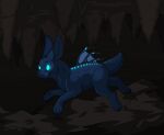  2012 aliasing ambiguous_gender bioluminescence blue_body blue_eyes bluekyokitty cave detailed_background digital_drawing_(artwork) digital_media_(artwork) digitigrade dorsal_fin feral fin glowing glowing_eyes glowing_markings inside markings monster no_pupils paws running sebdoggo shaded solo tail 