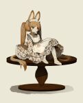  1girl absurdres animal_ears apron brown_hair commentary_request dress frilled_dress frilled_hairband frills grey_eyes hairband hand_on_table highres long_hair long_sleeves on_table original patterned_clothing rabbit_ears rabbit_girl rabbit_tail ribbon sakutake_(ue3sayu) sitting solo table tail twintails white_footwear 
