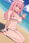  1girl bare_shoulders beach bikini breasts choker cleavage collarbone full_body goddess_of_victory:_nikke hair_between_eyes hat highres holding holding_syringe large_breasts long_hair navel nurse_cap ocean open_mouth pepper_(nikke) pepper_(ocean_vitamin)_(nikke) pink_eyes pink_hair polka_dot polka_dot_bikini seiza side_ponytail sidelocks sitting sky smile solo swimsuit syringe teeth upper_teeth_only water white_bikini white_headwear xi_oshir1 