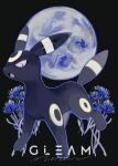  animal_feet animal_focus black_background black_fur colored_skin english_text fangs flower highres moon natsumekan no_humans open_mouth pokemon pokemon_(creature) red_eyes signature simple_background umbreon 