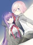  2girls bb_(fate) bb_(fate/extra) breasts coat dutch_angle eka_eri fate/extra fate/grand_order fate_(series) glasses gloves grey_coat grey_jacket grey_skirt hair_over_one_eye hair_ribbon high-waist_skirt jacket large_breasts long_sleeves looking_at_viewer mash_kyrielight multicolored_clothes multicolored_jacket multiple_girls neck_ribbon necktie open_clothes open_jacket parted_lips pink_hair purple_eyes purple_hair red_necktie red_ribbon ribbon short_hair skirt smile two-tone_jacket white_gloves white_jacket wide_sleeves 