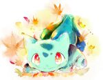  animal_focus bright_pupils bulbasaur claws closed_mouth falling_leaves ginkgo_leaf leaf maple_leaf no_humans nostrils pokemon pokemon_(creature) red_eyes roki_(regulus_1111) solo white_background white_pupils 