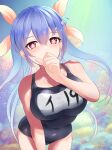  1girl absurdres air_bubble blue_hair blush breasts bubble collarbone covered_mouth cowboy_shot dangan_kurabu flower-shaped_pupils hair_ribbon highres i-19_(kancolle) kantai_collection large_breasts multicolored_background name_tag one-piece_swimsuit ribbon school_swimsuit solo swimsuit symbol-shaped_pupils tri_tails twintails underwater 