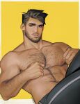  1boy abs absurdres bara black_hair black_pants chest_hair facial_hair highres large_pectorals male_focus muscular muscular_male navel nipples original pants pectorals seupil_hyugo_(spirohugo) short_hair simple_background solo topless_male yellow_background 