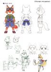  absurd_res anthro canid canine clothing eyes_closed eyewear eyewear_on_head fox fur goggles goggles_on_head green_clothing green_hoodie green_topwear hi_res hoodie japanese_text jean_(marble_carnival) konami leaf lidded_eyes looking_at_viewer looking_back male mammal marble_carnival_(arcade) model_sheet orange_body orange_fur overalls pendant ranged_weapon slingshot solo text topwear unknown_artist weapon whiskers young 