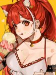  animal_ear_fluff animal_ear_piercing animal_ears arm_garter arm_strap bare_shoulders bell blush braid breasts camisole choker cleavage cream_on_breasts ear_piercing earrings extra food food_on_body food_on_breasts food_on_face french_braid frilled_camisole frills highres holding holding_food holding_ice_cream holding_ice_cream_cone ice_cream jewelry kanakan1218 large_breasts long_hair looking_at_viewer multicolored_hair neck_bell nijisanji orange_eyes piercing ponytail ratna_petit red_choker red_hair red_panda_ears red_panda_girl sleeveless spaghetti_strap streaked_hair swept_bangs virtual_youtuber white_camisole 