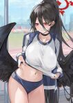  1girl bike_shorts black_choker black_hair black_nails black_wings blue_archive blush breasts choker closed_mouth clothes_lift dema_hmw field gym_uniform halo hasumi_(blue_archive) hasumi_(gym_uniform)_(blue_archive) highres jacket large_breasts long_hair looking_down mole mole_under_eye navel official_alternate_costume outdoors pinching ponytail red_eyes revision shirt shirt_lift solo stomach sweatdrop track_and_field track_jacket very_long_hair wavy_mouth wings 