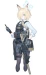  1girl absurdres animal_ears aqua_eyes assault_rifle belt_pouch black_gloves black_pantyhose black_skirt blonde_hair blue_archive blue_halo bulletproof_vest collared_shirt dog_ears dog_girl echj gloves gun h&amp;k_hk416 hair_over_one_eye halo highres holding holding_phone holding_weapon kanna_(blue_archive) kanna_(young)_(blue_archive) long_sleeves looking_at_viewer miniskirt pants pantyhose parted_lips phone plate_carrier police police_uniform policewoman pouch revision rifle shirt short_hair shotgun skirt solo tactical_clothes thigh_strap uniform weapon weapon_request white_shirt 