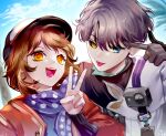  1boy 1girl :d :p black_gloves black_sclera blue_background blue_dress blue_eyes blue_neckerchief blue_sky brown_hair cabbie_hat cloud coat colored_sclera dress finger_to_eye gloves grey_hair hand_up hat heterochromia highres jacket looking_at_viewer luosi_(rrros) mismatched_sclera neckerchief polka_dot_neckerchief red_jacket regulus_(reverse:1999) reverse:1999 short_hair sky smile teeth tongue tongue_out upper_body v white_coat x_(reverse:1999) yellow_eyes 