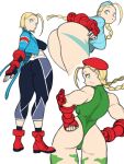  1girl absurdres ahoge ass ass_focus blonde_hair blue_eyes blue_jacket blue_leotard bodypaint breasts bride cammy_white fingerless_gloves gloves green_leotard highleg highleg_leotard highres huge_ahoge huge_ass jacket large_breasts leggings leotard long_hair looking_at_viewer looking_back muscular muscular_female pants red_footwear red_gloves red_head scar scar_on_cheek scar_on_face short_hair solo sports_bra sportswear standing street_fighter street_fighter_6 thick_thighs thighs toshinoshin 