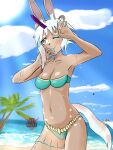  beach bikini bikini_top clothing dark_body dark_skin dei_mars female hair happy hi_res horn humanoid light nahir_(dei_mars) navel ponytail rabbit_ears sea seaside short_hair sky smile solo spring summer sunlight swimwear water wet wet_body white_hair 