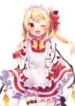  1girl ;d apron black_footwear blonde_hair bow bowtie chisiro_unya_(unya_draw) commentary_request crystal fang flandre_scarlet hair_ribbon heart highres looking_at_viewer medium_hair one_eye_closed one_side_up open_mouth red_eyes red_nails red_ribbon ribbon short_sleeves simple_background smile socks solo touhou white_apron white_background white_socks wrist_cuffs yellow_bow yellow_bowtie 