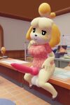  3d_(artwork) animal_crossing animal_genitalia animal_penis anthro balls big_balls big_breasts big_penis blush bottomless breasts canid canine canine_genitalia canine_penis canis clothed clothing desk digital_media_(artwork) domestic_dog erection fur furfnsfw furniture genitals gynomorph hair hand_on_hip hi_res huge_penis inside intersex isabelle_(animal_crossing) knot looking_at_viewer mammal nintendo on_desk partially_clothed penis shadow shih_tzu sitting smile solo table thick_thighs toy_dog wide_hips yellow_body yellow_fur 