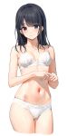  1girl black_hair blush breasts breasts_apart cropped_legs gin00 highres idolmaster idolmaster_shiny_colors kazano_hiori looking_at_viewer mole mole_under_mouth navel own_hands_together simple_background small_breasts smile solo stomach underwear underwear_only white_background 