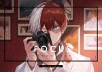  1boy aqua_eyes boku_no_hero_academia camera closed_mouth commentary_request gugugunogu hair_between_eyes highres holding holding_camera long_sleeves looking_at_viewer male_focus multicolored_hair picture_(object) red_hair scar scar_on_face short_hair solo todoroki_shouto two-tone_hair upper_body white_hair 