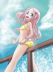  1girl :d artist_request ass bench bikini character_request copyright_request hair_ornament hairclip happy highres kneepits looking_at_viewer open_mouth pink_hair pridoge pulling purple_wristband smile swimsuit teeth upper_teeth_only wristband yellow_bikini 