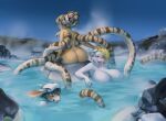  animal_humanoid anthro blonde_hair breasts butt cephalopod cephalopod_humanoid coraline_(kikokitty) felid female group hair hi_res hot_spring humanoid kiko_kempt_(character) lagomorph leporid mammal marine marine_humanoid mollusk mollusk_humanoid octopus_humanoid peachygho petting pseudo_hair rabbit tattoo tentacle_hair tentacles trio water 