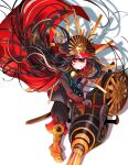  1girl armored_boots boots buster_shirt cape cloak family_crest fate/grand_order fate_(series) hat hi_(wshw5728) highres holding holding_weapon katana long_hair military_hat oda_nobunaga_(fate) oda_uri peaked_cap red_cape red_cloak red_eyes shadow simple_background solo sword very_long_hair weapon white_background 