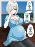  1girl absurdres bench big_belly black_pantyhose blue_eyes blue_shirt blush breasts cleavage collarbone english_commentary english_text grey_hair hair_ornament hair_over_one_eye hairclip hamakaze_(kancolle) hand_on_own_stomach highres kantai_collection looking_at_viewer medium_breasts one_eye_covered pantyhose parted_lips pregnant shirt short_hair sitting solo speech_bubble zarulzaharudin 