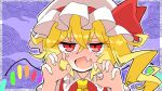  1girl ascot blonde_hair blue_background blush bow claw_pose crossed_bangs d: eyes_visible_through_hair fang flandre_scarlet flustered frilled_shirt_collar frills full-face_blush furrowed_brow hands_up hat hat_bow long_hair mob_cap neosiromaruzmc no_nose one-hour_drawing_challenge open_mouth outline outside_border portrait red_bow red_eyes side_ponytail skin_fang slit_pupils solo straight-on sweat touhou white_headwear white_outline wing_collar yellow_ascot 