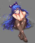  1girl black_pantyhose blue_bow blue_eyes blue_hair bow closed_mouth commentary debt full_body grey_background hair_bow knees_up long_hair looking_at_viewer navel pantyhose pixel_art puck100ml simple_background sitting solo touhou very_long_hair yorigami_shion 