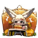  +++ 1girl :d animal_ear_fluff animal_ears blonde_hair brown_eyes cake chibi commentary_request fang food food_on_face fork fox_ears fox_girl fox_tail grey_hair hair_ornament highres holding holding_fork jack-o&#039;-lantern leaf_hair_ornament long_sleeves original pink_shirt shirt simple_background smile solo standing stool swept_bangs table tail white_background yuuji_(yukimimi) 
