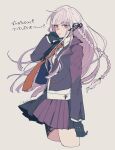  1girl amano_(amn_0w0) black_gloves black_jacket black_ribbon closed_mouth commentary cropped_legs danganronpa:_trigger_happy_havoc danganronpa_(series) from_side gloves grey_background grey_hair hair_ribbon hand_up highres jacket kirigiri_kyoko long_hair looking_at_viewer miniskirt open_clothes open_jacket pleated_skirt profile red_skirt ribbon shirt simple_background skirt solo translated white_shirt 