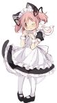  1girl absurdres animal_ears black_footwear cat_ears cat_tail commentary full_body highres hitode kaname_madoka kyubey looking_at_viewer mahou_shoujo_madoka_magica maid maid_headdress one_eye_closed pigeon-toed pink_eyes pink_hair short_hair short_sleeves short_twintails simple_background tail twintails white_background wrist_cuffs 