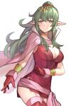  1girl absurdres aged_up breasts cape cleavage closed_mouth commentary_request dress fire_emblem fire_emblem_awakening gloves green_eyes green_hair hair_ornament hair_ribbon highres long_hair looking_at_viewer medium_breasts pink_cape pink_thighhighs pointy_ears ponytail red_dress red_gloves ribbon short_dress side_slit smile solo thighhighs tiara tiki_(adult)_(fire_emblem) tiki_(fire_emblem) white_background zuzu_(ywpd8853) 