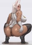  1girl absurdres animal_ears anus ass bare_shoulders blush boku_no_hero_academia breasts covered_nipples crescent_print dark-skinned_female dark_skin female_pubic_hair from_behind full_body gloves haloo1101 hands_on_own_ass highleg highleg_leotard highres large_breasts leotard long_hair looking_at_viewer looking_back median_furrow mirko parted_bangs parted_lips pubic_hair purple_thighhighs rabbit_ears rabbit_girl rabbit_tail red_eyes sleeveless_turtleneck_leotard solo spread_ass squatting sweat tail taut_leotard thighhighs thighs tiptoes toned uncensored white_gloves white_hair white_leotard 