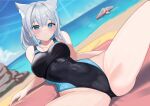  1girl animal_ear_fluff animal_ears beach black_one-piece_swimsuit blue_archive blue_eyes blue_sky breasts cloud competition_swimsuit covered_navel cross_hair_ornament day extra_ears grey_hair hair_ornament halo hitachi_sou horizon low_ponytail medium_breasts medium_hair mismatched_pupils multicolored_clothes multicolored_swimsuit ocean one-piece_swimsuit outdoors rock shiroko_(blue_archive) shiroko_(swimsuit)_(blue_archive) sky solo spread_legs swimsuit water wolf_ears 
