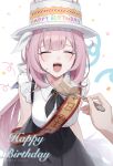  1girl 1other :d black_skirt blush breasts cake cake_hat closed_eyes collared_shirt commentary_request confetti dated elysia_(honkai_impact) facing_viewer food happy_birthday highres holding holding_spoon honkai_(series) honkai_impact_3rd hoyun long_hair medium_breasts pink_hair shirt simple_background skirt sleeveless sleeveless_shirt smile spoon streamers suspender_skirt suspenders very_long_hair white_background white_headwear white_shirt 