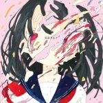  1girl album_cover black_hair blue_sailor_collar close-up commentary_request confetti cover dissolving highres long_hair neckerchief pink_background pink_eyes red_neckerchief sailor_collar samehoshi shinsei_kamattechan shirt solo straight-on surreal white_shirt 