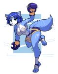  2023 anthro bandeau blue_body blue_fur blue_hair bottomwear boxing_gloves breasts canid canine circlet clothing feet female fox fur green_eyes hair handwear hi_res krystal looking_at_viewer mammal markings midriff netto-painter nintendo short_hair shorts smile solo star_fox toeless_legwear topwear white_body white_fur 