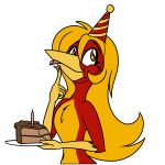  absurd_res anthro avian beak bird birthday_cake birthday_hat cake chrysolophus dessert eating_cake feathers food galliform glori_gamebird golden_pheasant hair hi_res long_hair long_tail phasianid red_body red_feathers tail yellow_beak yellow_body yellow_feathers 