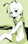  1girl antennae blush_stickers cape closed_mouth commentary green_background limited_palette looking_at_viewer sala_mander shirt short_hair shorts sitting solo touhou wriggle_nightbug 