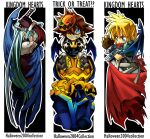  3boys armor bandages bat_wings black_background black_coat black_wings blonde_hair blue_eyes blue_hair brown_gloves brown_hair cape closed_eyes cloud_strife coat column_lineup commentary eguana english_text evil_grin evil_smile facing_away fang feathered_wings final_fantasy final_fantasy_vii fingerless_gloves gloves graveyard grin halloween high_collar holding holding_sword holding_weapon jack-o&#039;-lantern katana kingdom_hearts kingdom_hearts_i leaning leaning_forward light_blue_hair long_hair long_sleeves male_focus mask mask_on_head multiple_boys official_alternate_costume pauldrons pumpkin red_cape sephiroth serious short_hair shoulder_armor single_wing smile sora_(kingdom_hearts) spiked_hair sword tombstone trick_or_treat weapon white_background white_gloves wings 