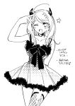  1girl :d ;d ahoge akamatsu_kaede arm_up bare_arms bare_shoulders blush bow breasts collarbone danganronpa_(series) danganronpa_v3:_killing_harmony dress fang fishnet_thighhighs fishnets hair_ornament highres horns large_breasts long_hair musical_note musical_note_hair_ornament one_eye_closed open_mouth single_thighhigh smile solo thighhighs translation_request v zang_li 