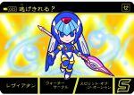  1girl android aoihito72 blue_eyes blurry blurry_background boots breasts character_name closed_mouth crop_top full_body gloves helmet holding holding_polearm holding_weapon leg_up leviathan_(mega_man) logo looking_at_viewer mega_man_(series) mega_man_x_(series) mega_man_x_dive mega_man_zero_(series) polearm robot robot_girl smile solo spear splashing thigh_boots thighhighs water weapon white_gloves yellow_background 