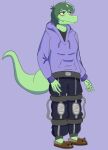  2023 alligator alligatorid anthro clothing crocodilian digital_drawing_(artwork) digital_media_(artwork) disability eyelashes female fingers freckles green_body green_hair green_scales grey_eyes hair hoodie i_wani_hug_that_gator long_tail olivia_(iwhtg) paraplegic purple_background reptile scales scalie short_hair simple_background slippers snout solo tail topwear unknown_artist yellow_sclera 