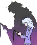  1boy absurdres bakura_ryou buib_(mekako_chan) closed_mouth cowboy_shot different_shadow domino_high_school_uniform expressionless gakuran highres holding holding_jewelry holding_necklace jacket jewelry long_hair long_sleeves male_focus medium_bangs millennium_ring necklace profile purple_jacket school_uniform solo touzokuou_bakura white_background white_hair yu-gi-oh! yu-gi-oh!_duel_monsters 